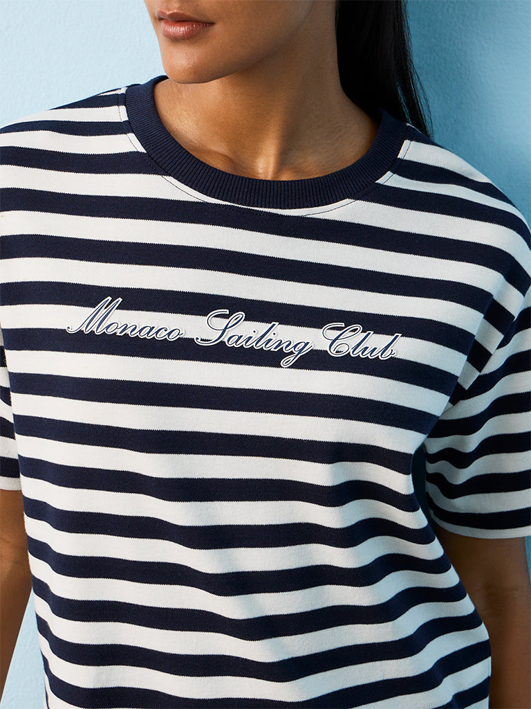 Nuoflexx Navy Striped Regular-Fit Cotton T-Shirt