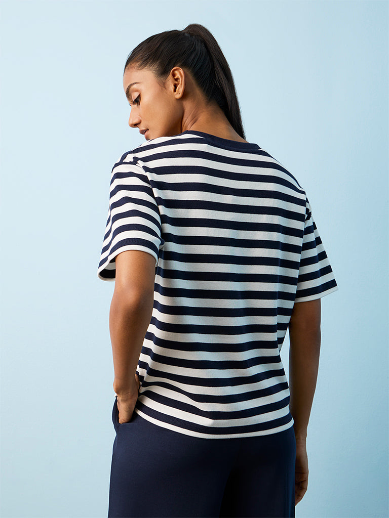 Nuoflexx Navy Striped Regular-Fit Cotton T-Shirt