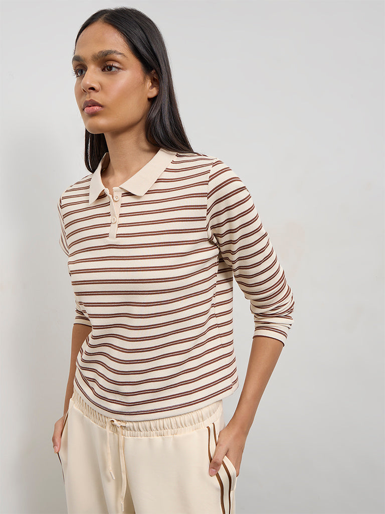 Nuoflexx Cream Striped Cotton-Blend T-Shirt