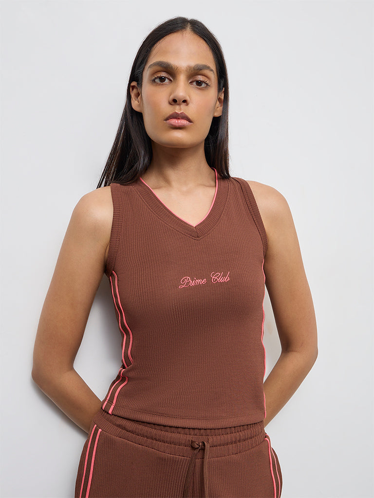 Buy Nuoflexx Brown Text-Detail Ribbed Top from Westside