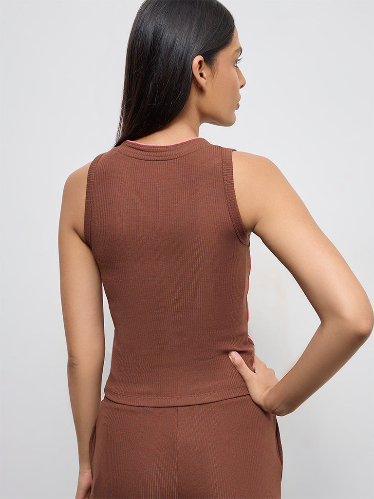 Buy Nuoflexx Brown Text-Detail Ribbed Top from Westside