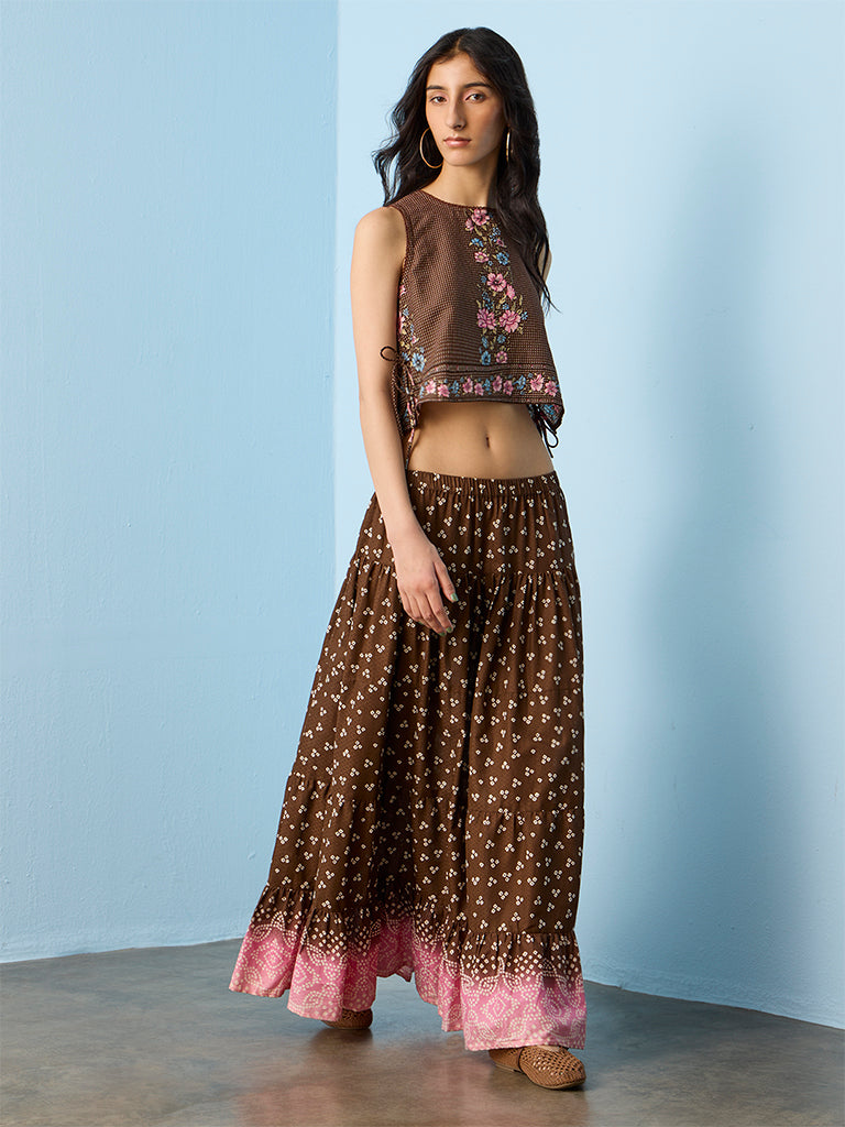 Bombay Paisley Dark Brown Bandhani High-Rise Tiered Cotton Skirt