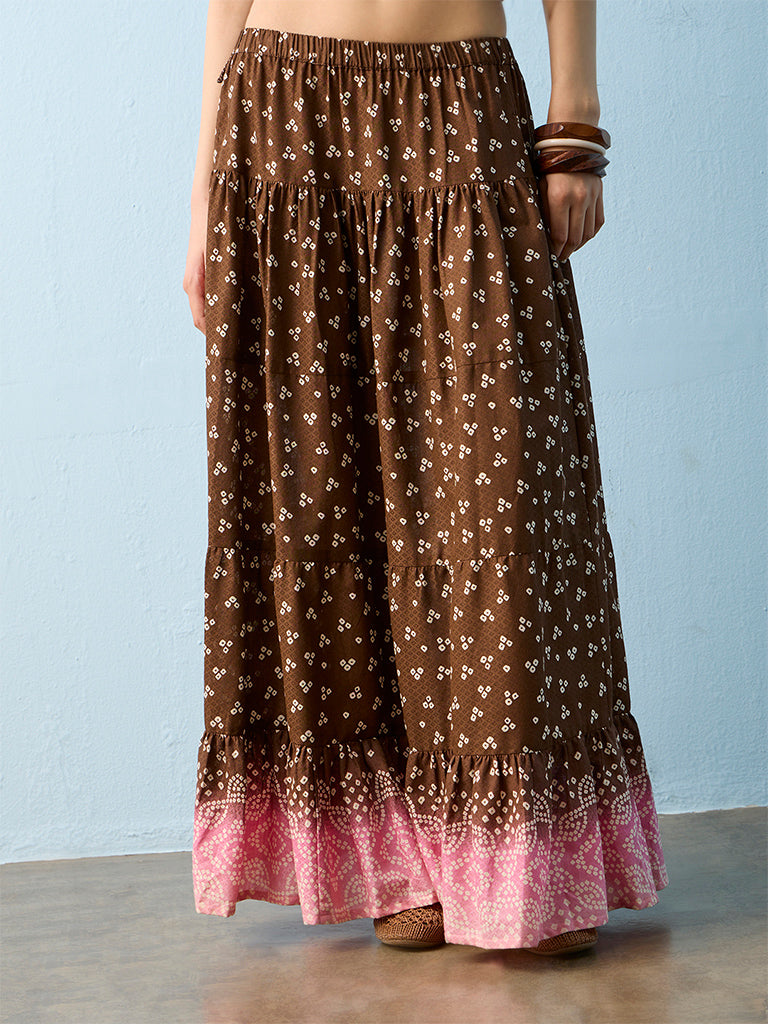 Bombay Paisley Dark Brown Bandhani High-Rise Tiered Cotton Skirt
