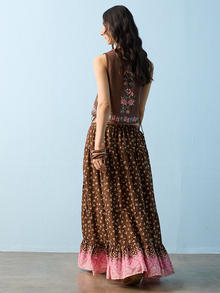 Bombay Paisley Dark Brown Bandhani High-Rise Tiered Cotton Skirt