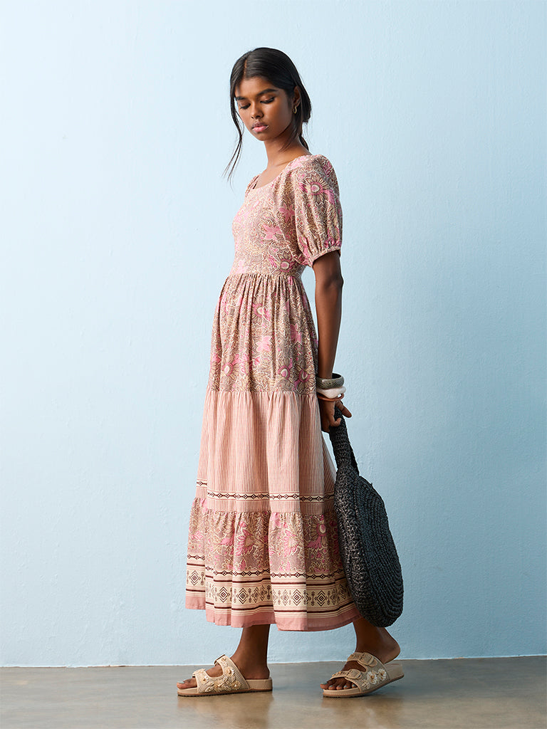 Bombay Paisley Multicolour Foliage Printed Cotton Tiered Dress