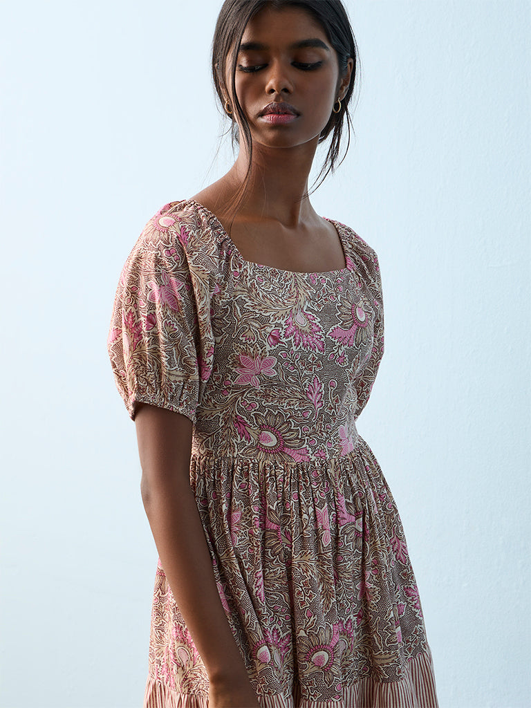 Bombay Paisley Multicolour Foliage Printed Cotton Tiered Dress