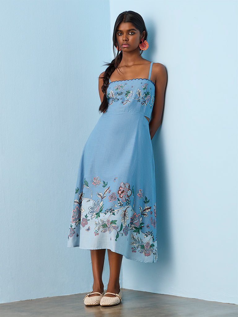 Bombay Paisley Blue Foliage Printed A-Line Cotton Dress