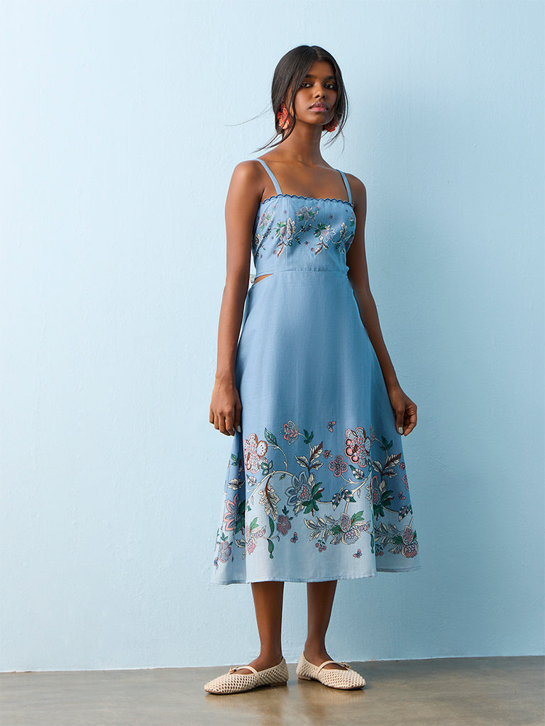 Bombay Paisley Blue Foliage Printed A-Line Cotton Dress