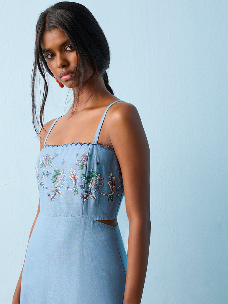 Bombay Paisley Blue Foliage Printed A-Line Cotton Dress
