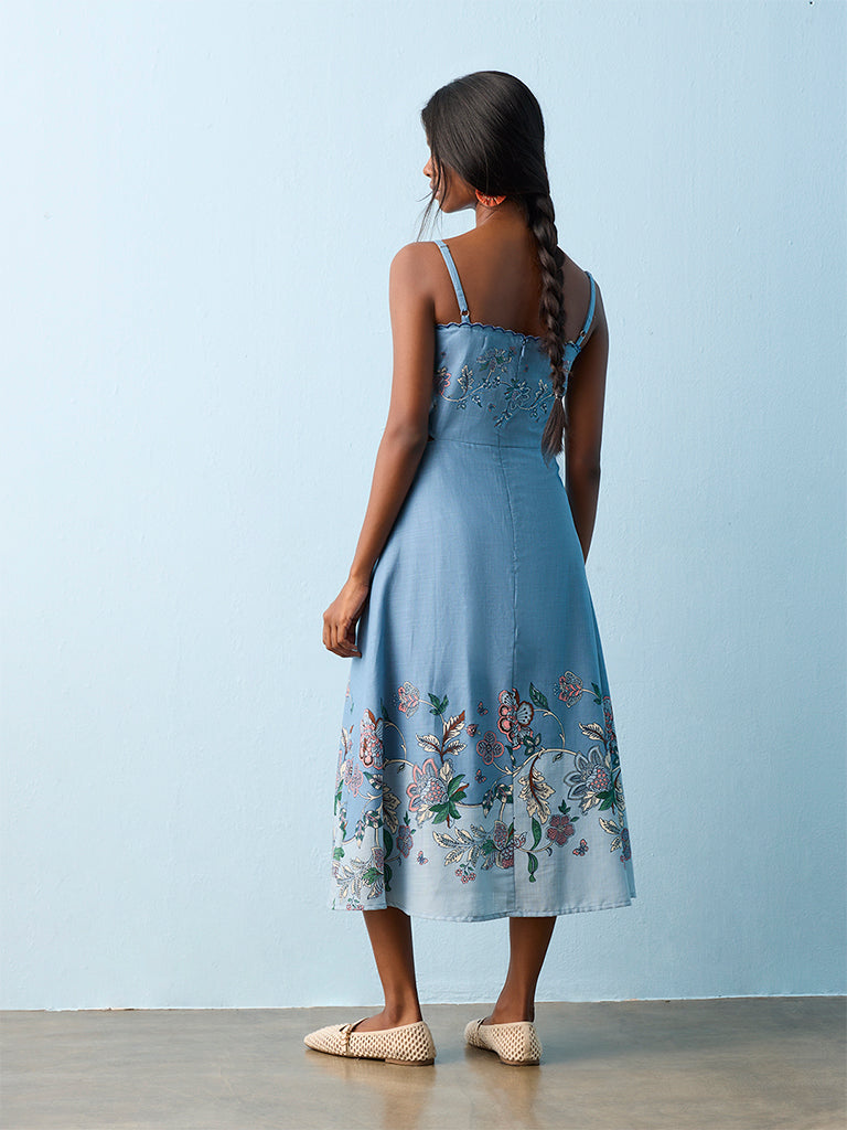 Bombay Paisley Blue Foliage Printed A-Line Cotton Dress