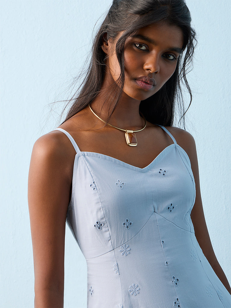 Bombay Paisley Blue Schiffli Embroidered A-Line Cotton Dress