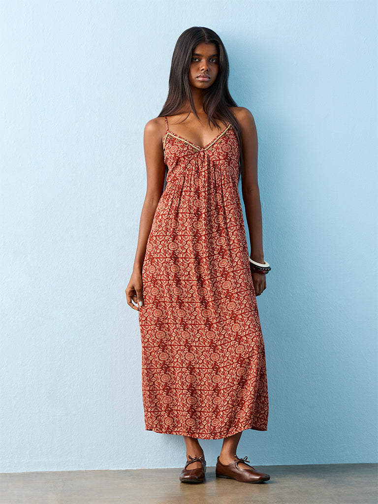 Bombay Paisley Rust Printed A-Line Maxi Dress