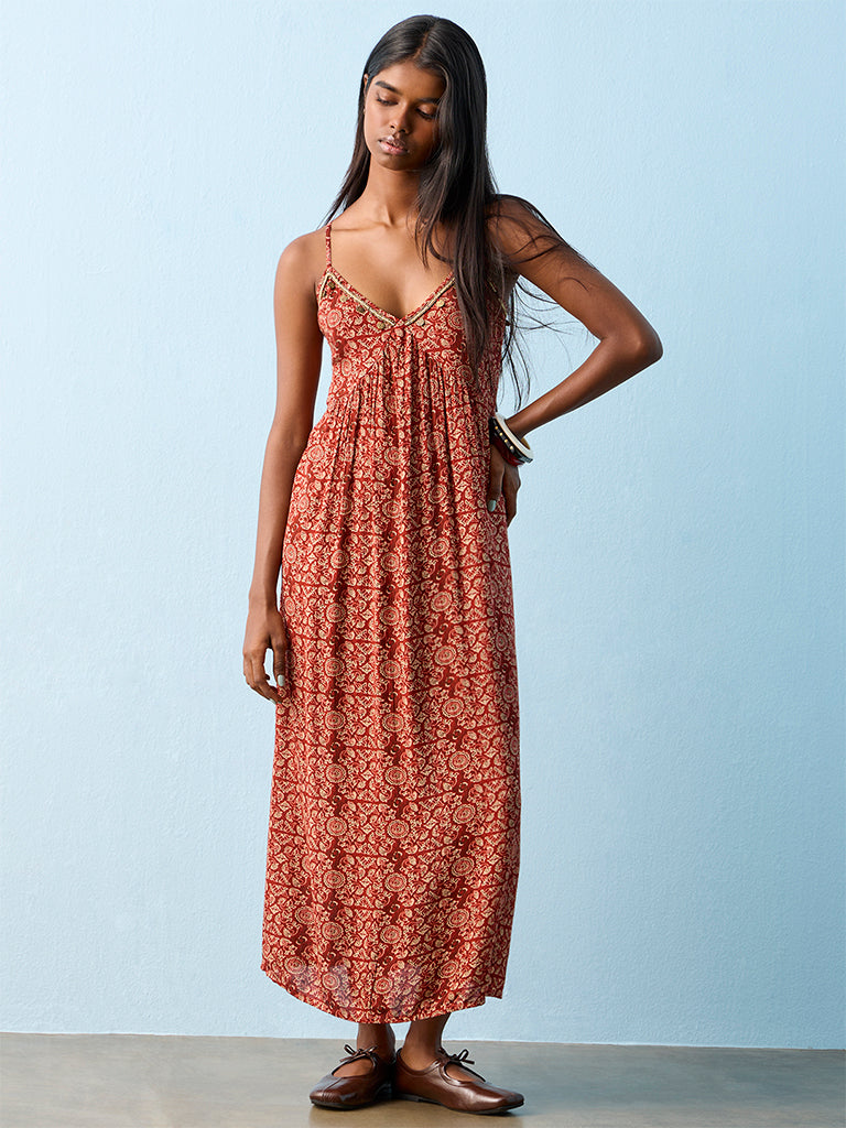 Bombay Paisley Rust Printed A-Line Maxi Dress