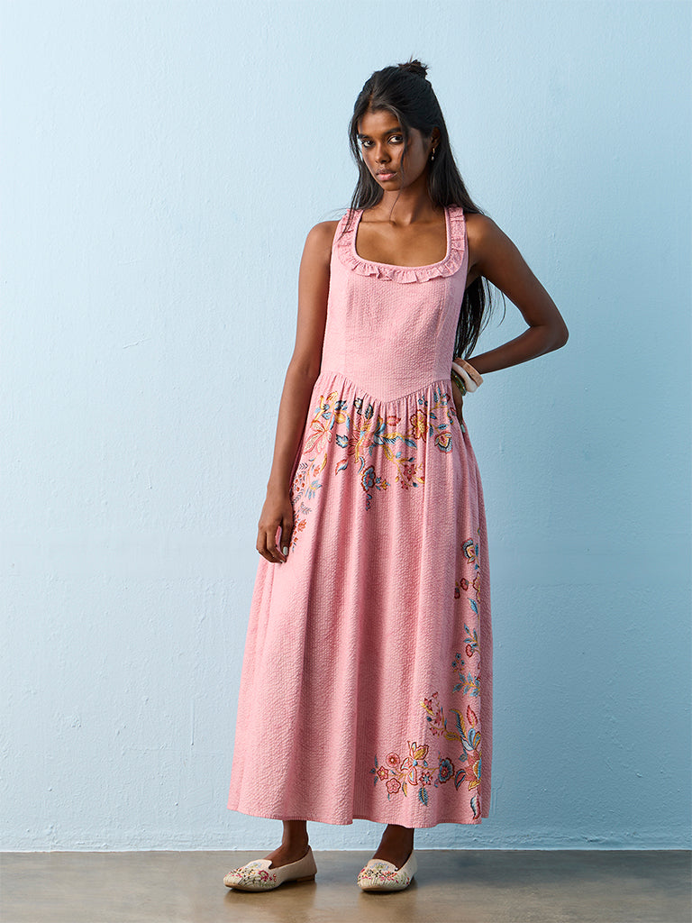 Bombay Paisley Pink Floral Printed A-Line Cotton Dress