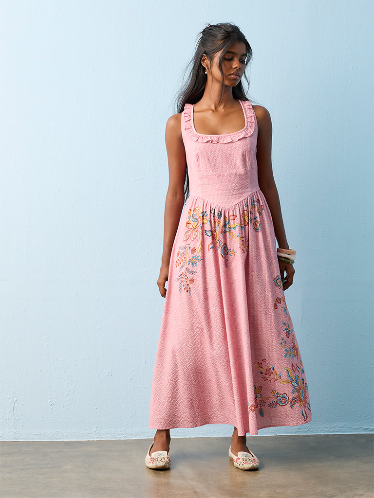 Bombay Paisley Pink Floral Printed A-Line Cotton Dress