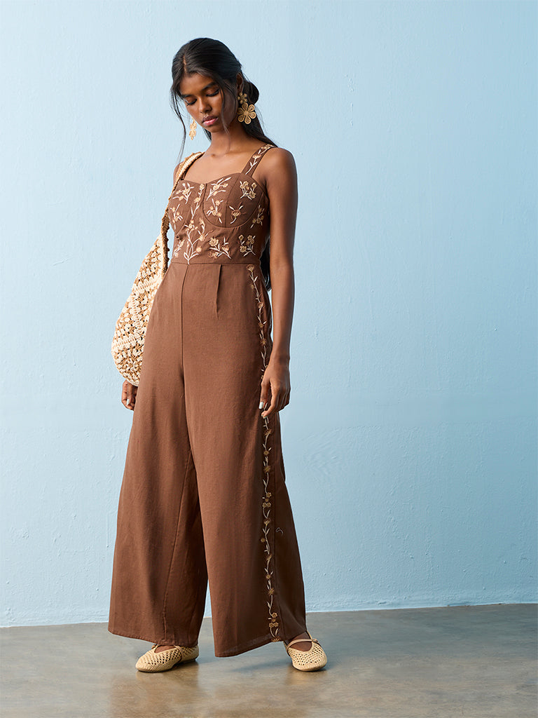 Bombay Paisley Brown Floral Embroidered Cotton-Blend Jumpsuit