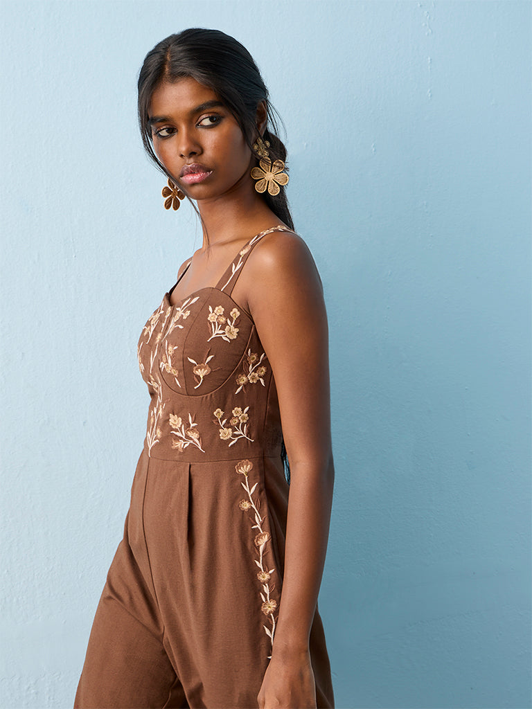 Bombay Paisley Brown Floral Embroidered Cotton-Blend Jumpsuit