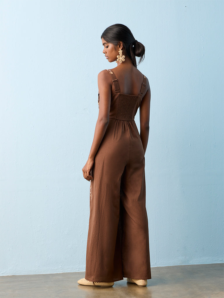 Bombay Paisley Brown Floral Embroidered Cotton-Blend Jumpsuit