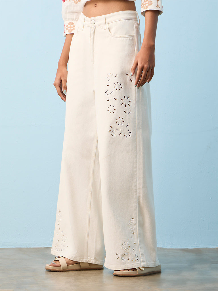 Bombay Paisley Off-White Laser-Cut High-Rise Jeans