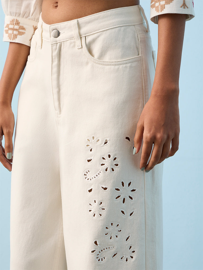 Bombay Paisley Off-White Laser-Cut High-Rise Jeans