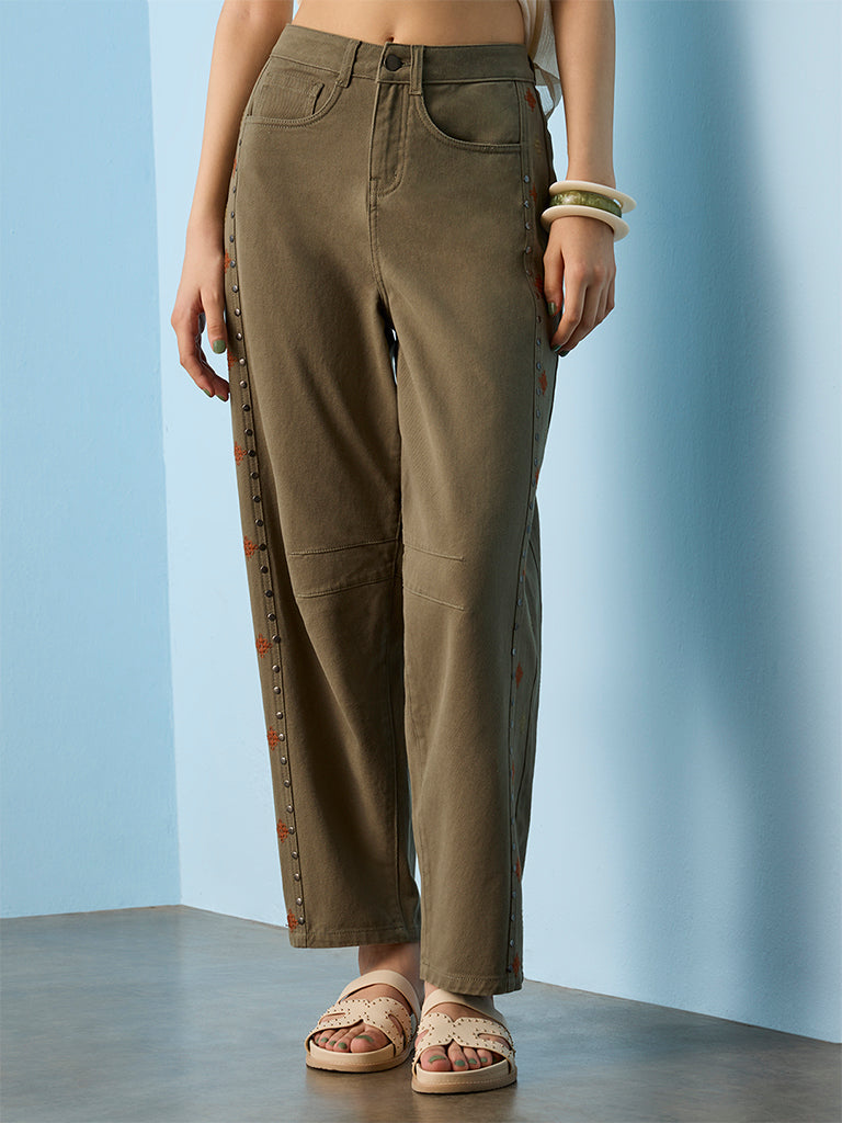 Bombay Paisley Olive Embroidered High-Rise Jeans