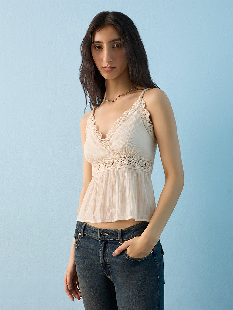 Buy Bombay Paisley Off-White Crochet Detailed Cotton Top from Westside