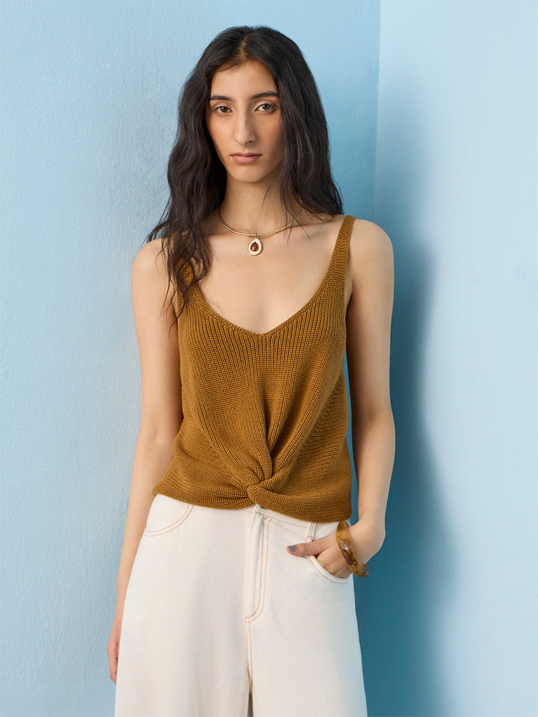 Bombay Paisley Brown Knit-Textured Cotton Top