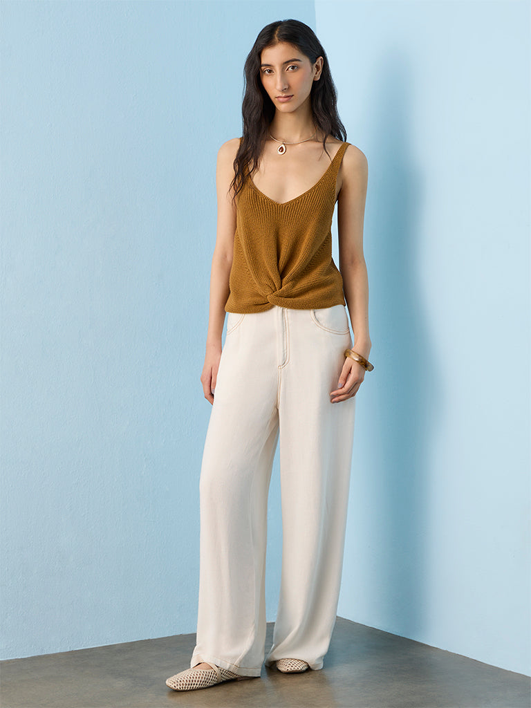 Bombay Paisley Brown Knit-Textured Cotton Top