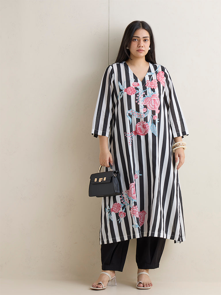 Diza Black Barrel-Fit Ethnic Cotton Pants