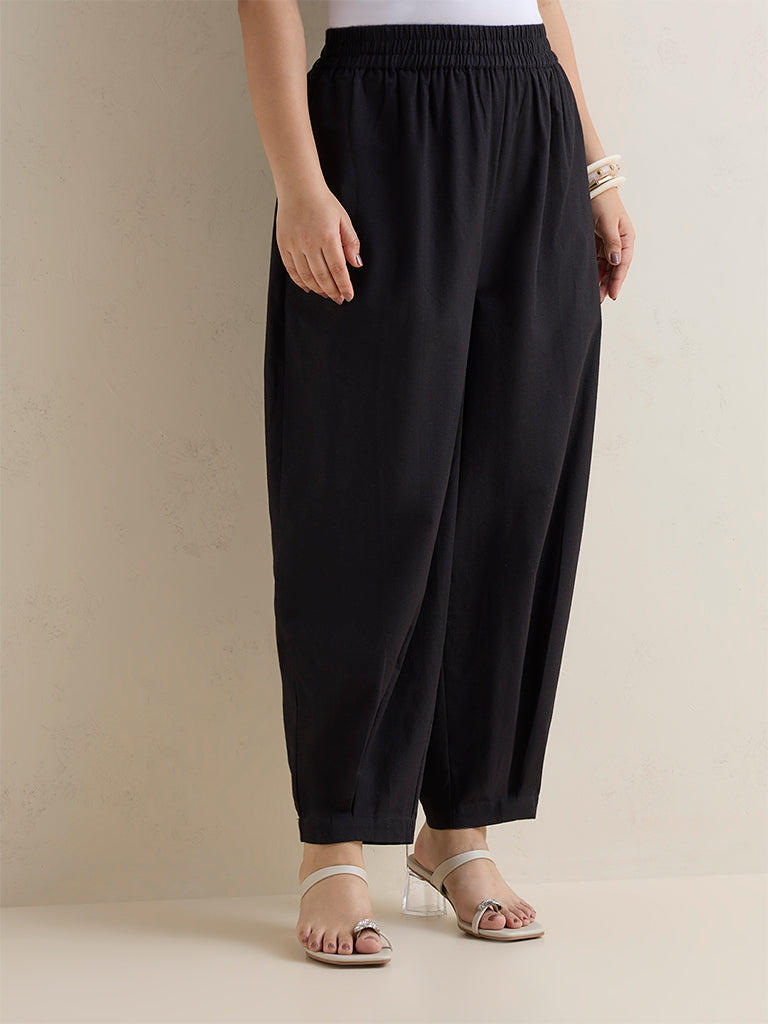 Diza Black Barrel-Fit Ethnic Cotton Pants