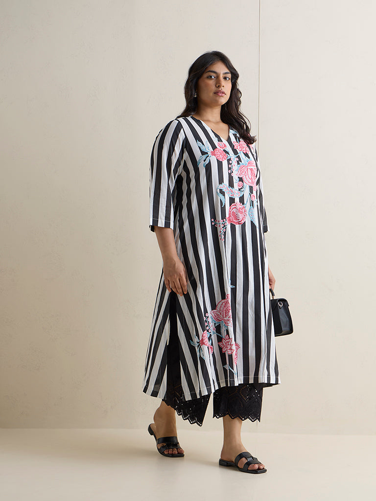 Diza Black and White Striped Straight Kurta