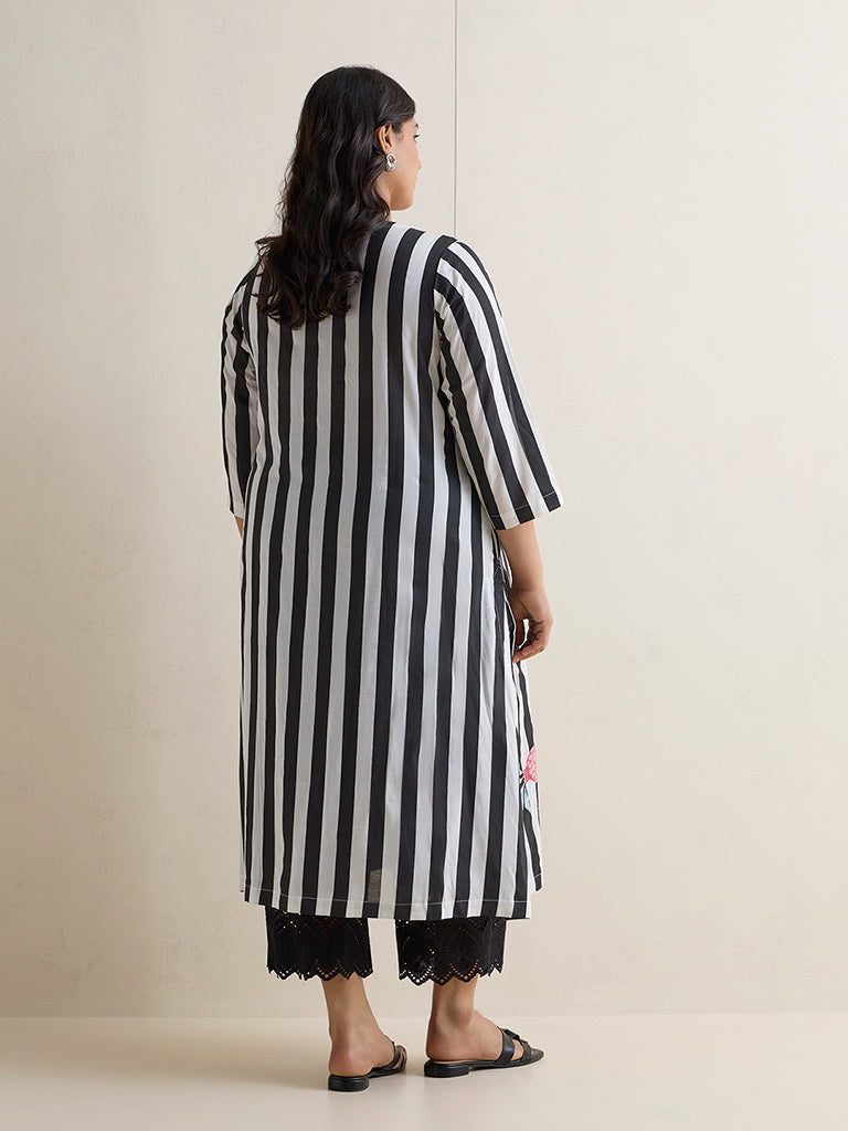 Diza Black and White Striped Straight Kurta