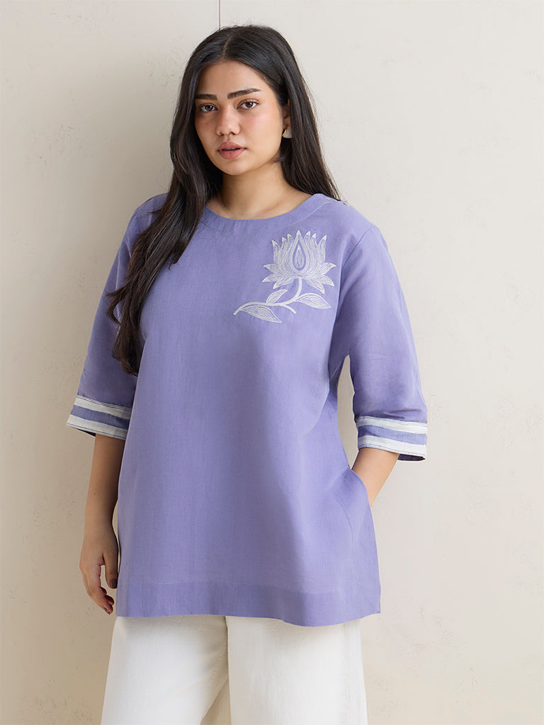 Diza Lilac Floral Embroidered High-Low Linen-Blend Tunic