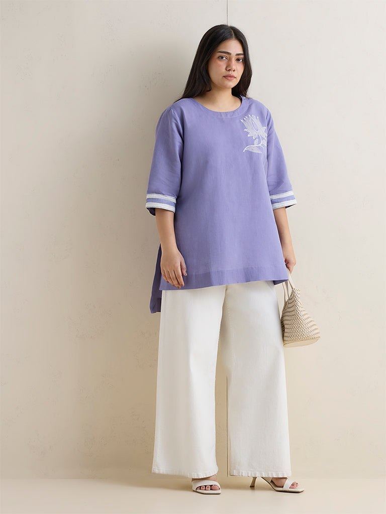 Diza Lilac Floral Embroidered High-Low Linen-Blend Tunic