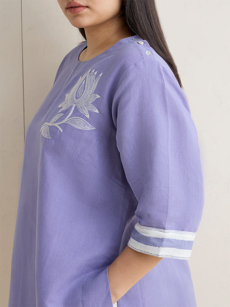 Diza Lilac Floral Embroidered High-Low Linen-Blend Tunic