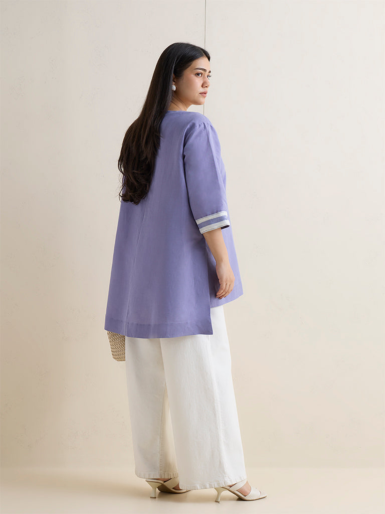 Diza Lilac Floral Embroidered High-Low Linen-Blend Tunic