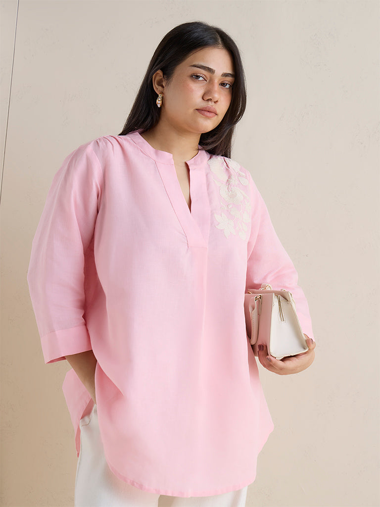 Diza Pink Floral Embroidered Linen-Blend Tunic