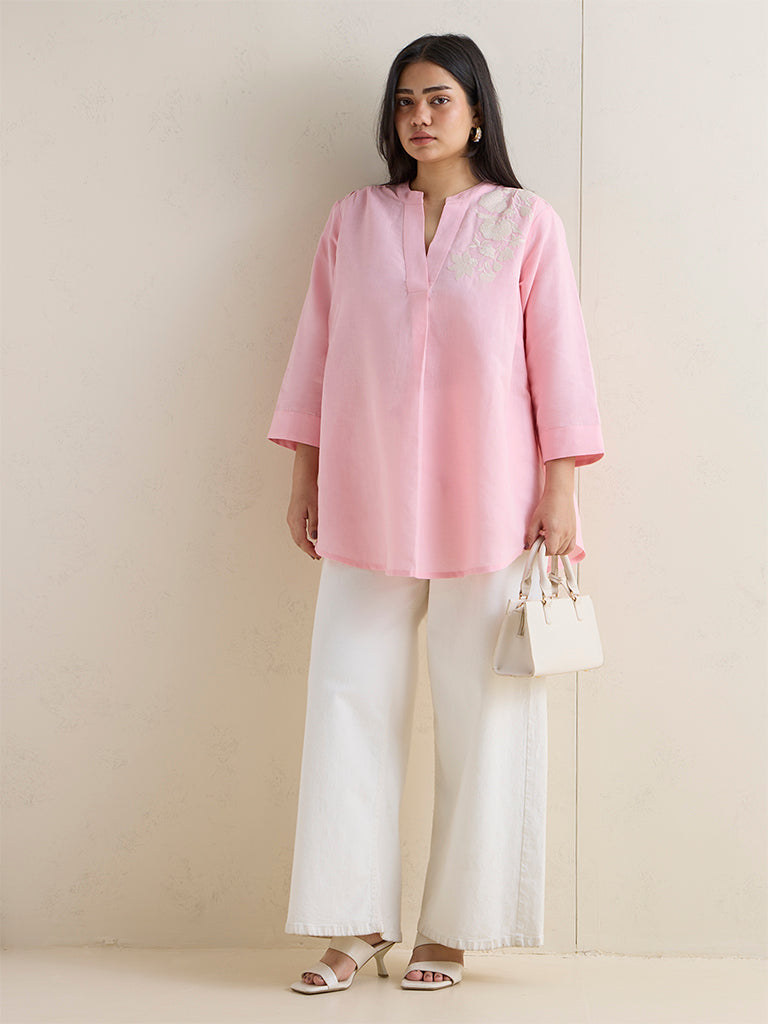 Diza Pink Floral Embroidered Linen-Blend Tunic