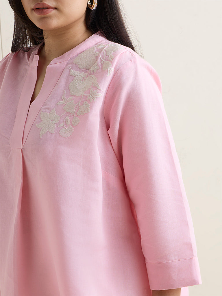 Diza Pink Floral Embroidered Linen-Blend Tunic
