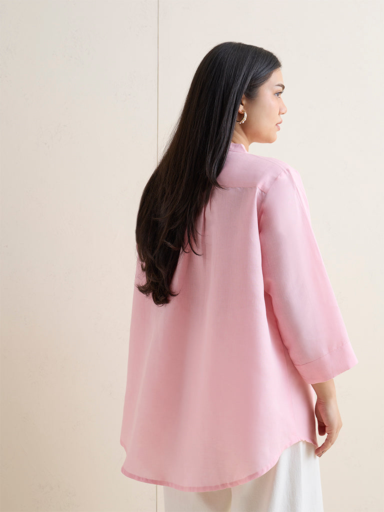 Diza Pink Floral Embroidered Linen-Blend Tunic