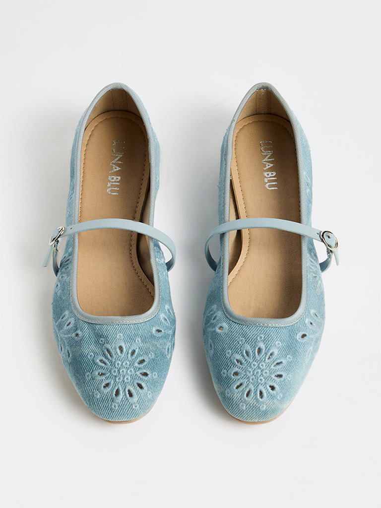 LUNA BLU Blue Schiffli-Detailed Denim Mary Jane Shoes