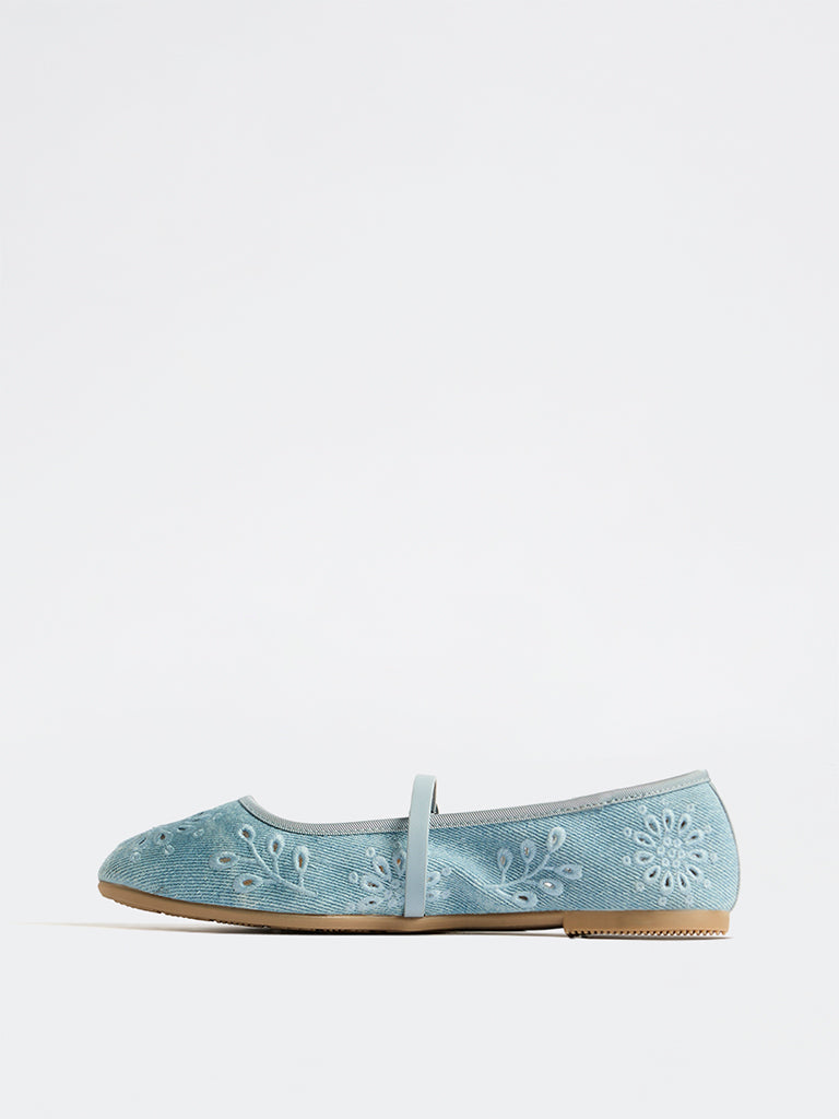 LUNA BLU Blue Schiffli-Detailed Denim Mary Jane Shoes