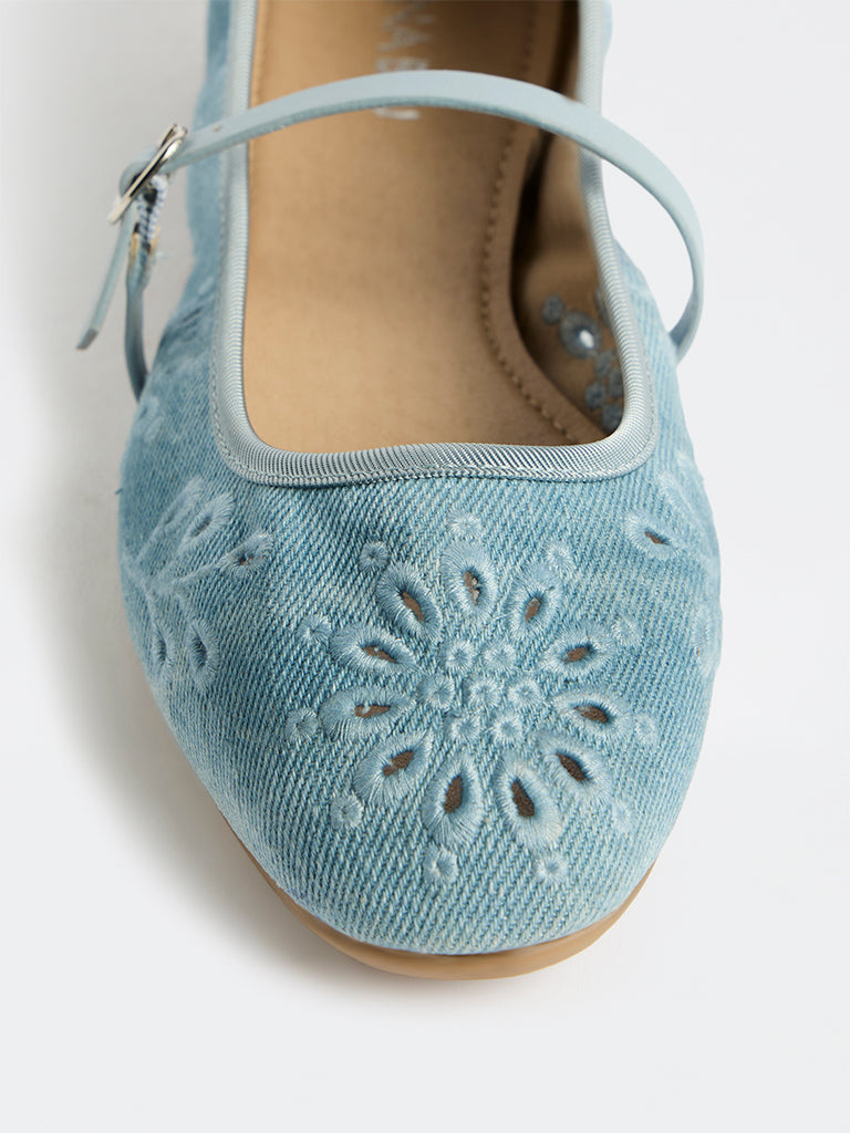 LUNA BLU Blue Schiffli-Detailed Denim Mary Jane Shoes