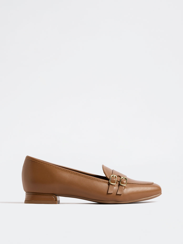 LUNA BLU Tan Buckle-Detail Loafers