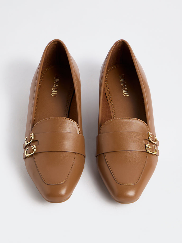 LUNA BLU Tan Buckle-Detail Loafers
