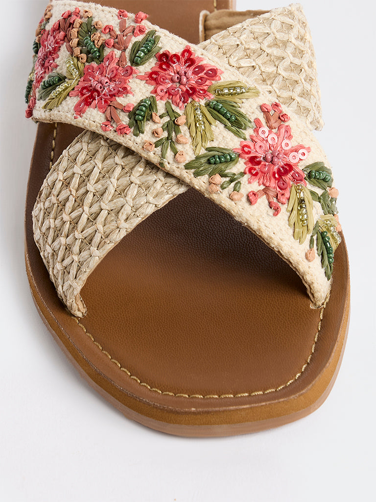 LUNA BLU Beige Floral Embroidered Slides