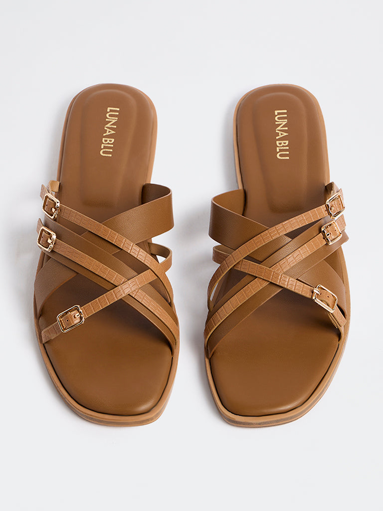 LUNA BLU Tan Criss-Cross Strap Slides
