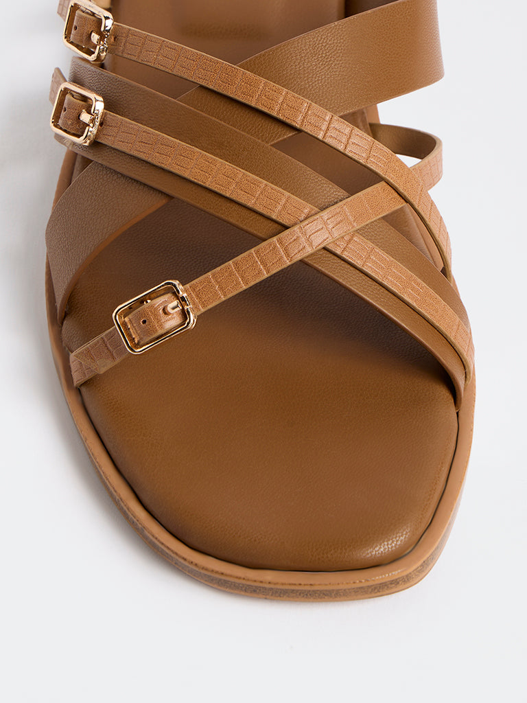 LUNA BLU Tan Criss-Cross Strap Slides