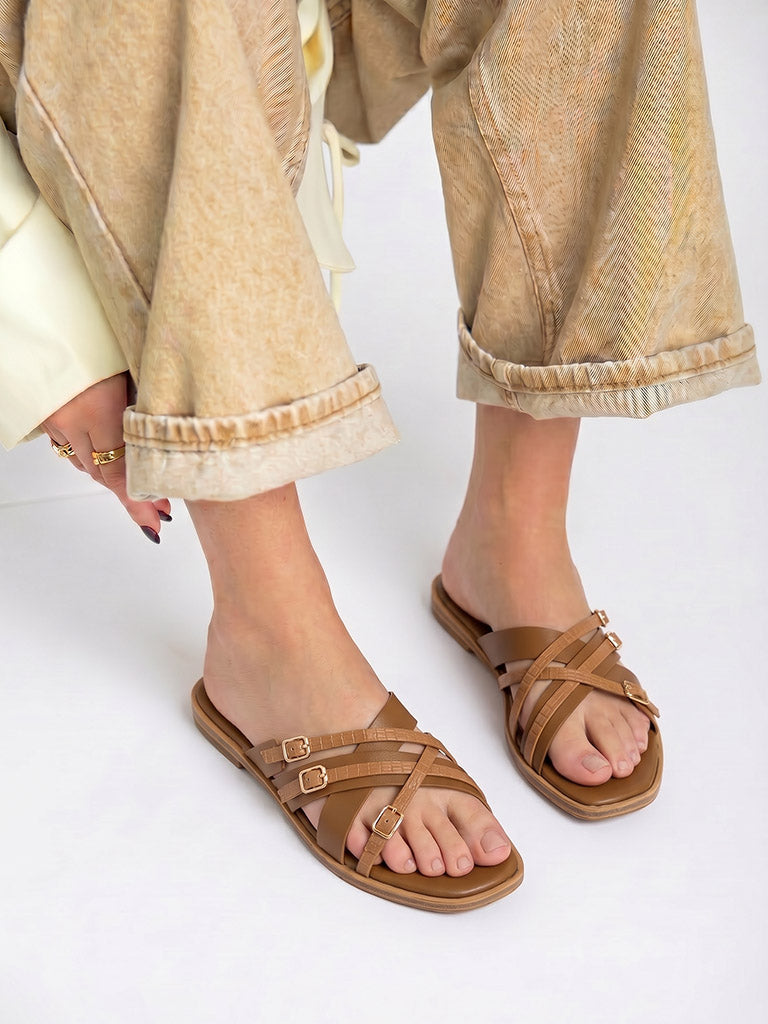 LUNA BLU Tan Criss-Cross Strap Slides