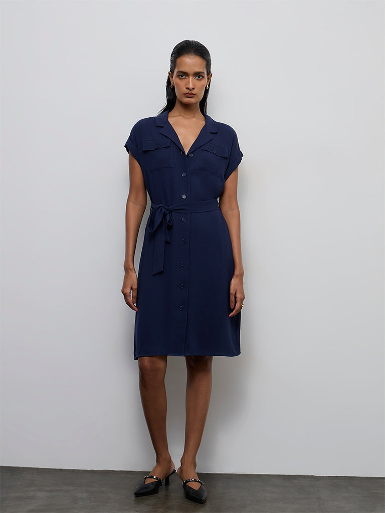 Wardrobe Navy Solid Shirt Dress with Belt